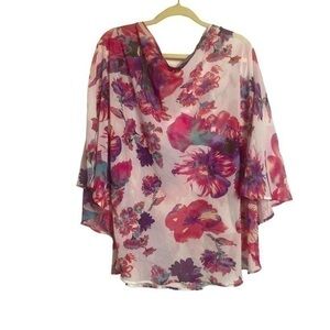 Casual Express batwing dolman sheer floral blouse. Large white pink